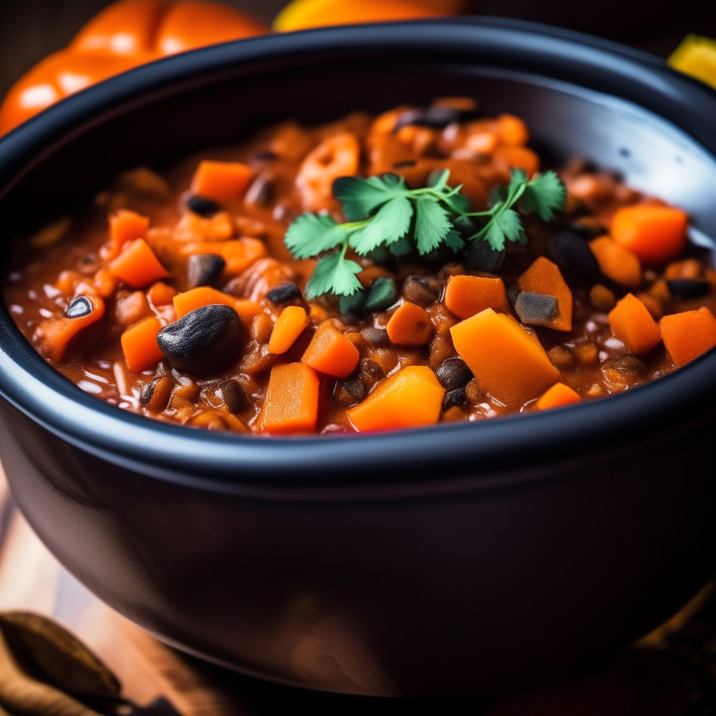 Photo of sweet potato and black bean chili in a crock pot, extremely sharp focus, bright studio lighting from the left, filling the frame