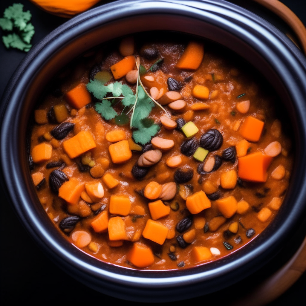 Photo of sweet potato and black bean chili in a crock pot, extremely sharp focus, bright studio lighting from above, filling the frame