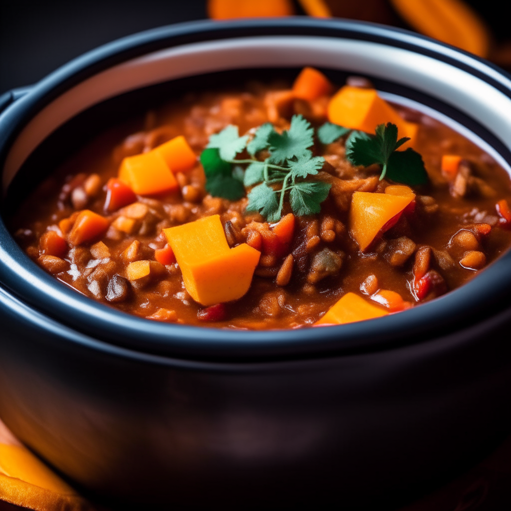 Photo of sweet potato and black bean chili in a crock pot, extremely sharp focus, bright studio lighting from the right, filling the frame