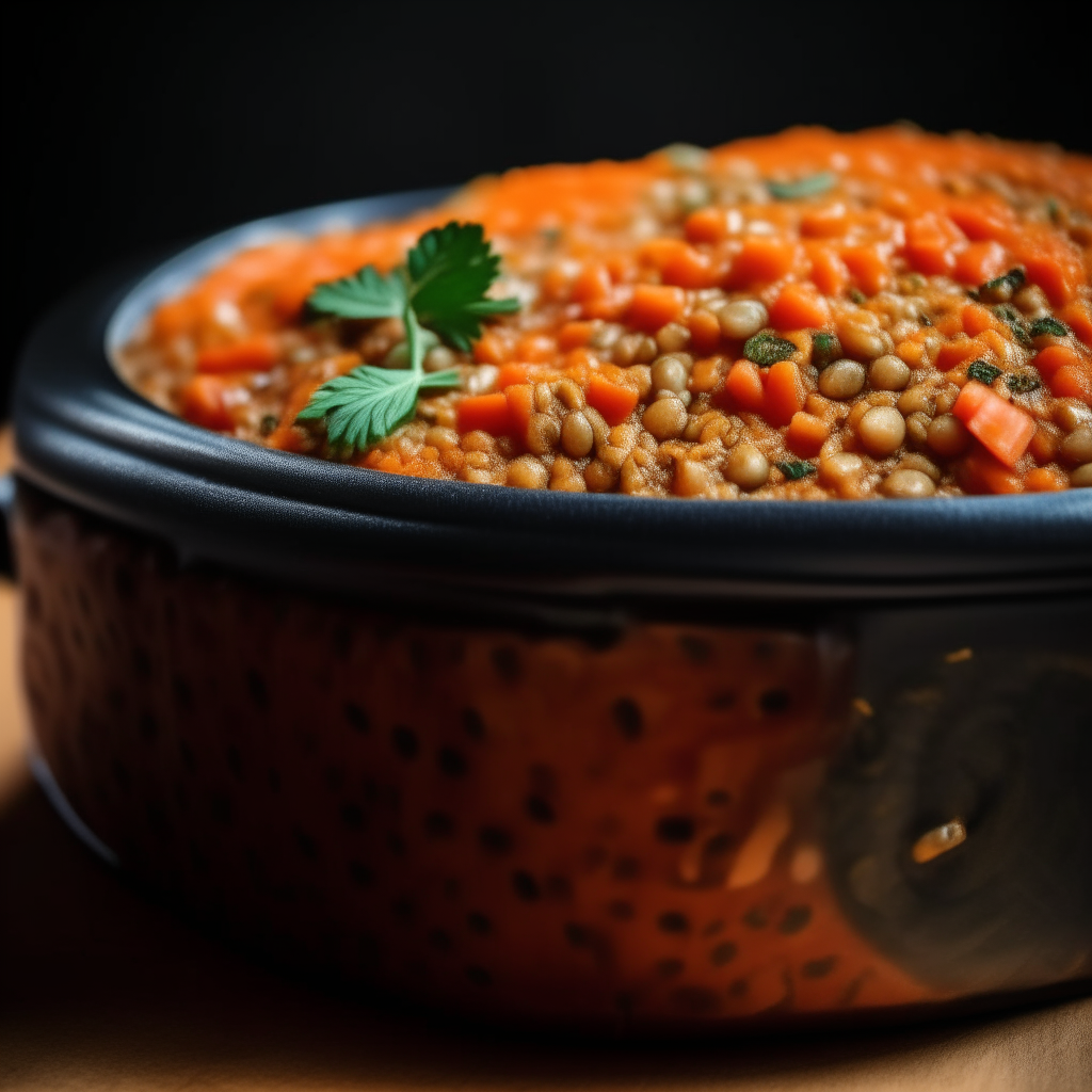 Photo of vegetable and lentil loaf in a crock pot, extremely sharp focus, bright studio lighting from the left, filling the frame