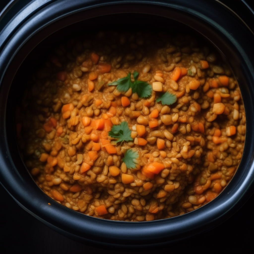 Photo of vegetable and lentil loaf in a crock pot, extremely sharp focus, bright studio lighting from above, filling the frame