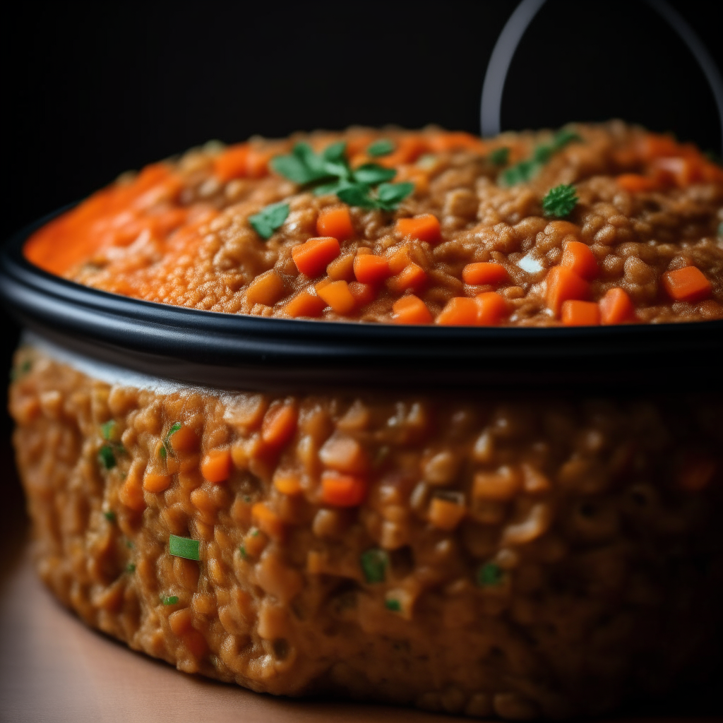 Photo of vegetable and lentil loaf in a crock pot, extremely sharp focus, bright studio lighting from the right, filling the frame