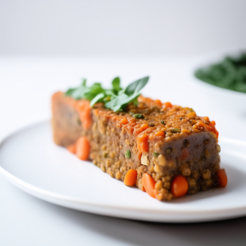 Photo of a vegetable and lentil loaf on a white plate, extremely sharp focus, bright studio lighting from the left, filling the frame