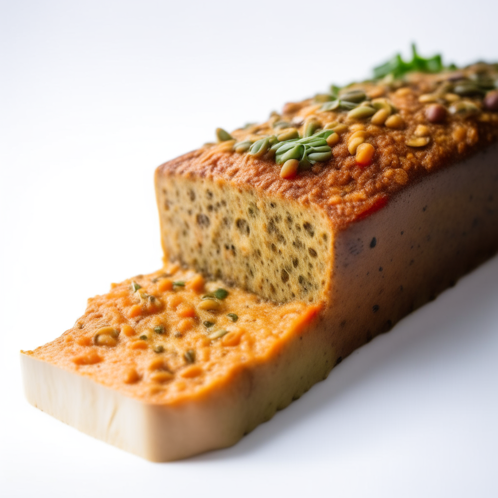 Photo of a vegetable and lentil loaf on a white background, extremely sharp focus, bright studio lighting from above, filling the frame