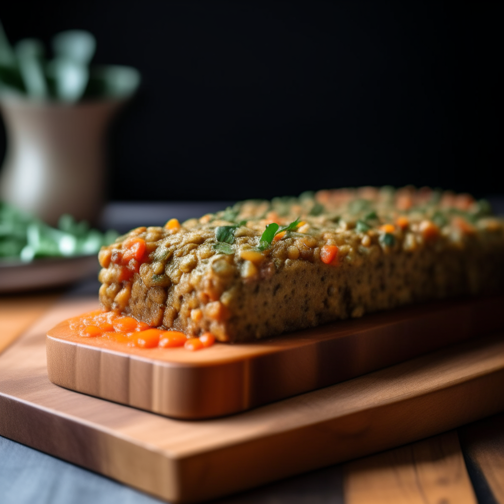 Photo of a vegetable and lentil loaf on a cutting board, extremely sharp focus, bright studio lighting from the right, filling the frame