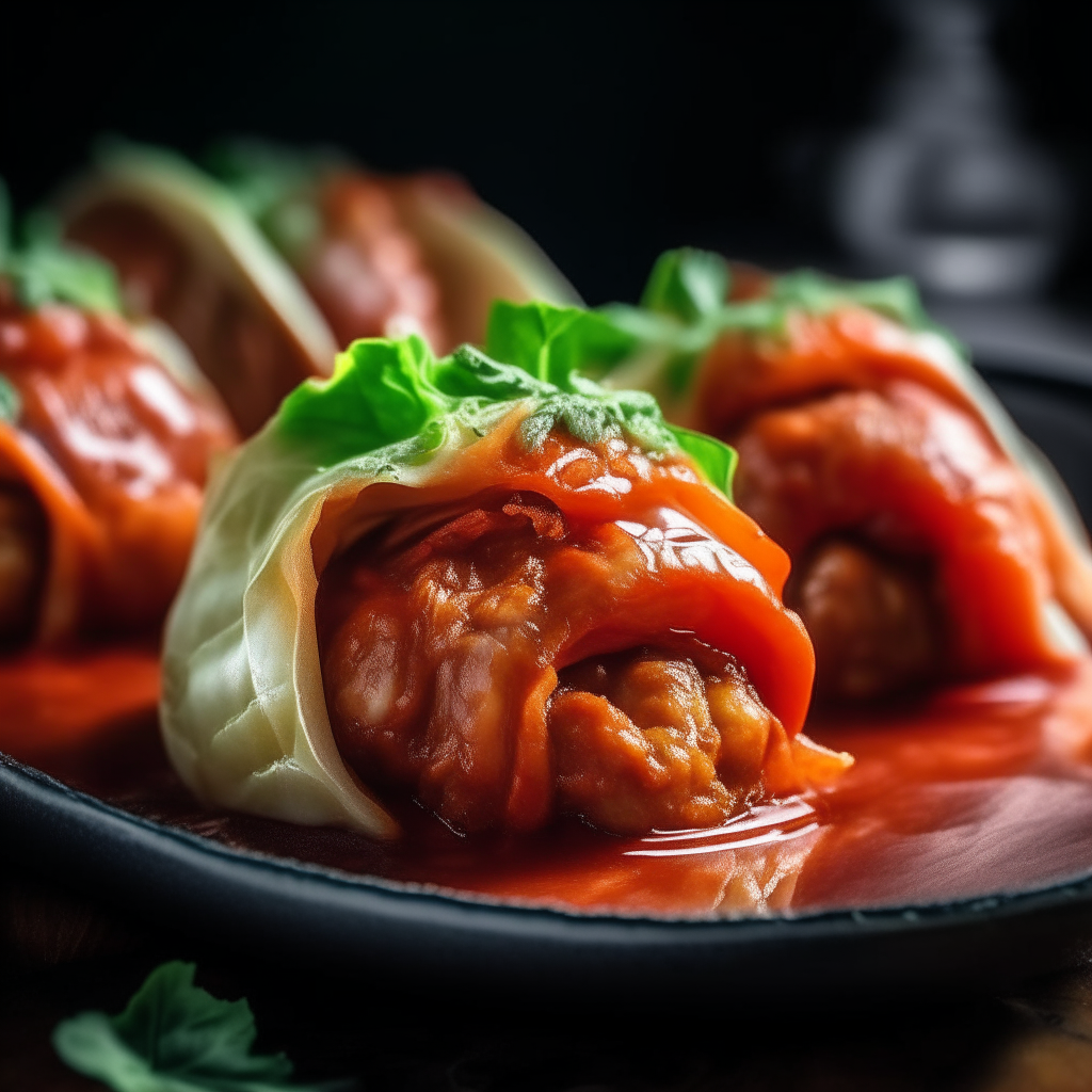 Photo of stuffed cabbage rolls with tomato sauce, extremely sharp focus, bright studio lighting from the left, filling the frame