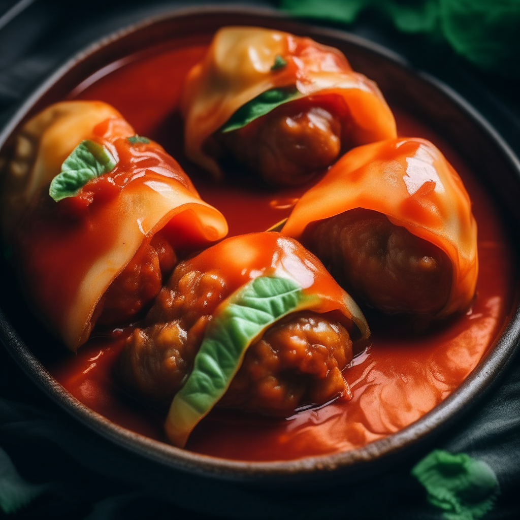 Photo of stuffed cabbage rolls with tomato sauce, extremely sharp focus, bright studio lighting from above, filling the frame