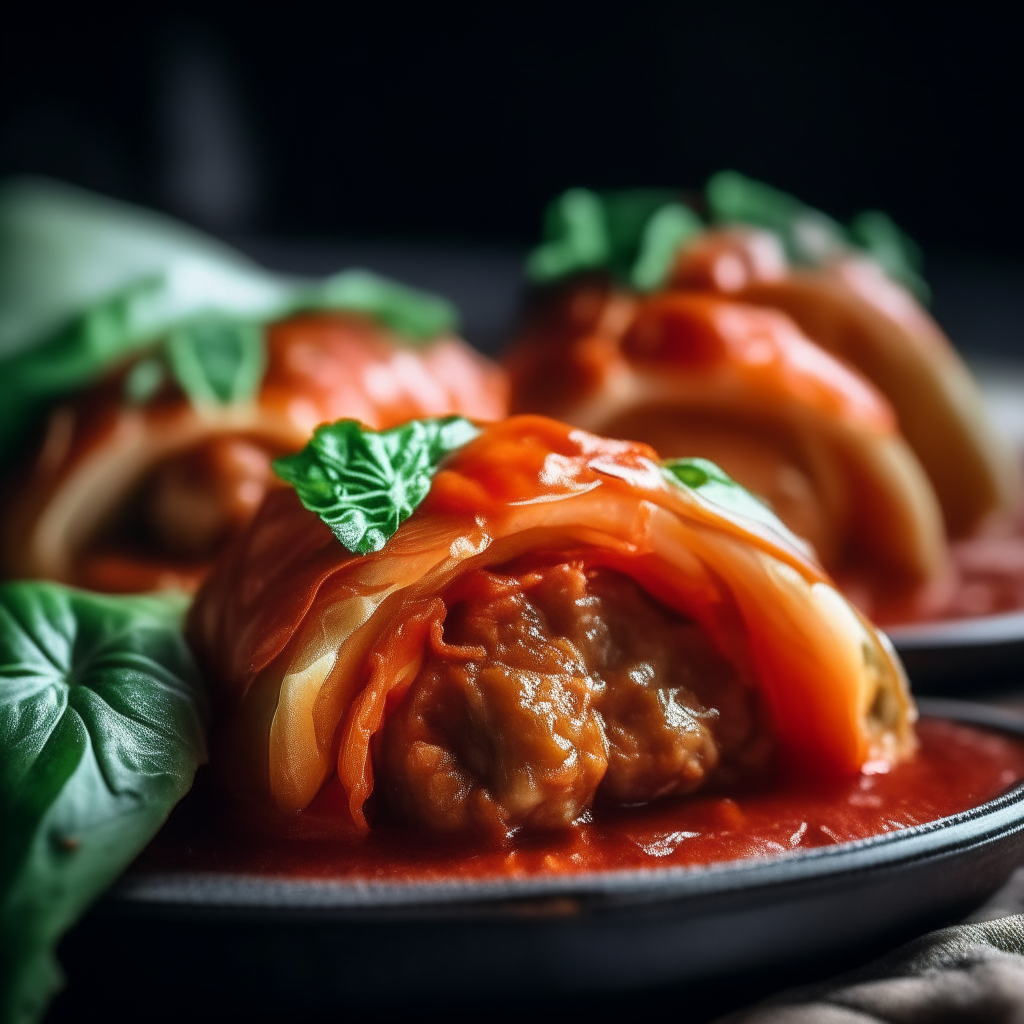 Photo of stuffed cabbage rolls with tomato sauce, extremely sharp focus, bright studio lighting from the right, filling the frame