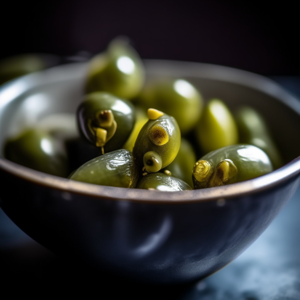 Photo of lemon-garlic marinated olives in a bowl, extremely sharp focus, bright studio lighting from the left, filling the frame