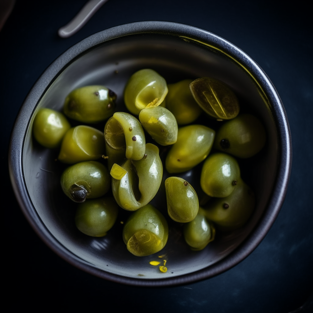 Photo of lemon-garlic marinated olives in a bowl, extremely sharp focus, bright studio lighting from above, filling the frame