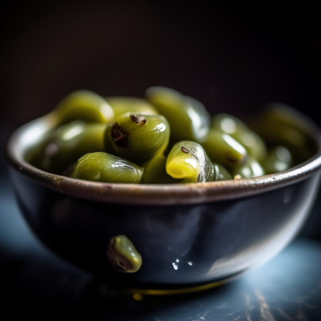 Photo of lemon-garlic marinated olives in a bowl, extremely sharp focus, bright studio lighting from the right, filling the frame