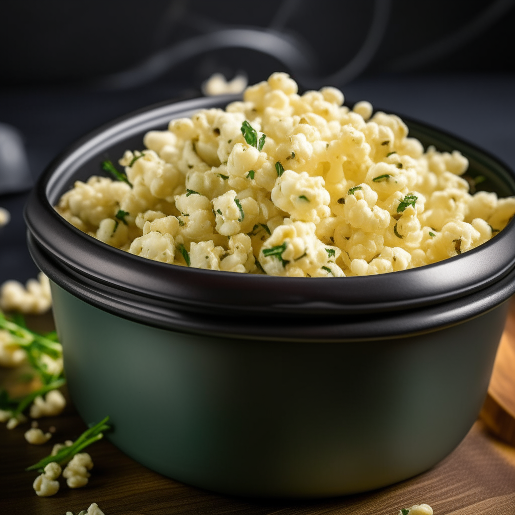 Crock Pot Popcorn with Herbs filling the frame, cooked in a slow cooker, bright studio lighting, extremely sharp focus