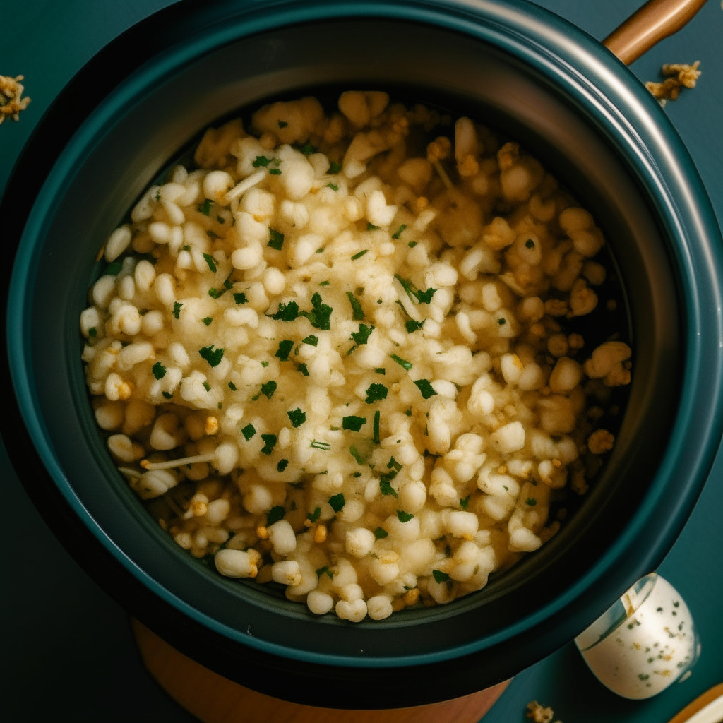 Crock Pot Popcorn with Herbs, cooked in a slow cooker, photographed from above, bright studio lighting, extremely sharp focus