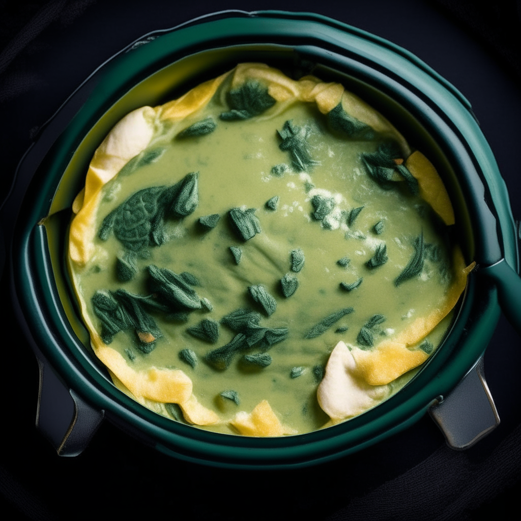 Warm Spinach and Artichoke Dip cooked in a slow cooker, photographed from above, extremely sharp focus, bright studio lighting