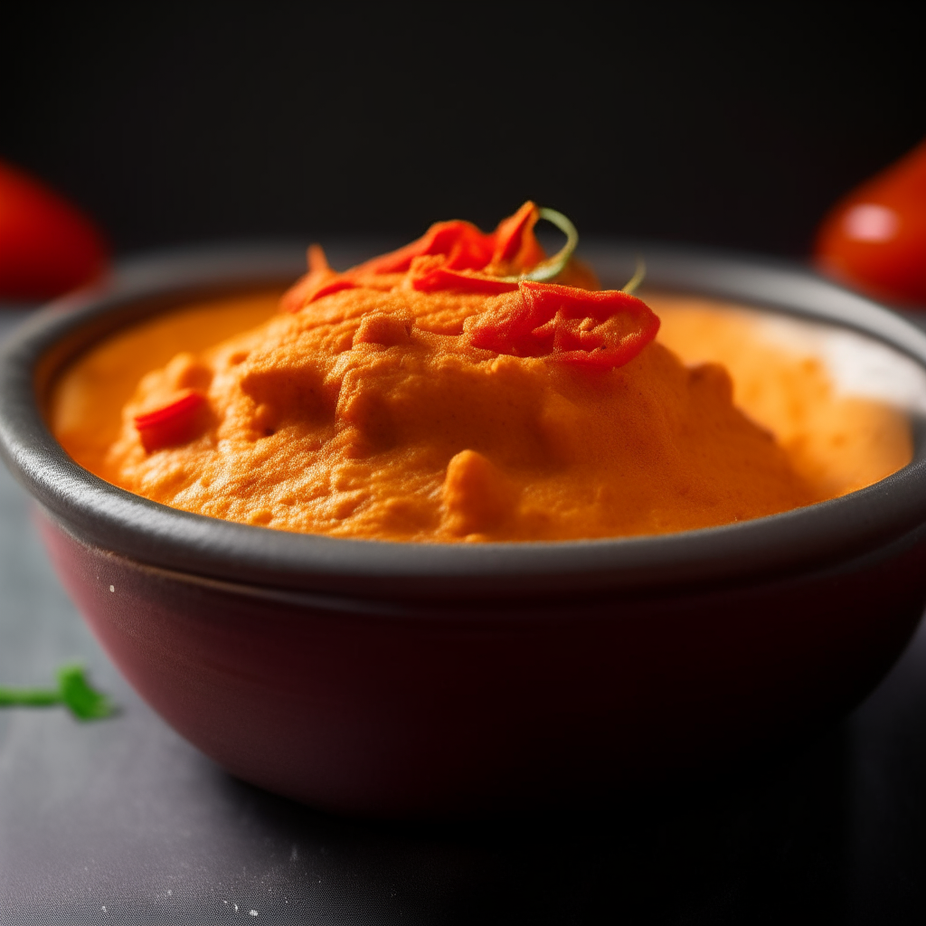 Bowl of Roasted Red Pepper Hummus cooked in a slow cooker, extremely sharp focus, bright studio lighting, photographed at an angle