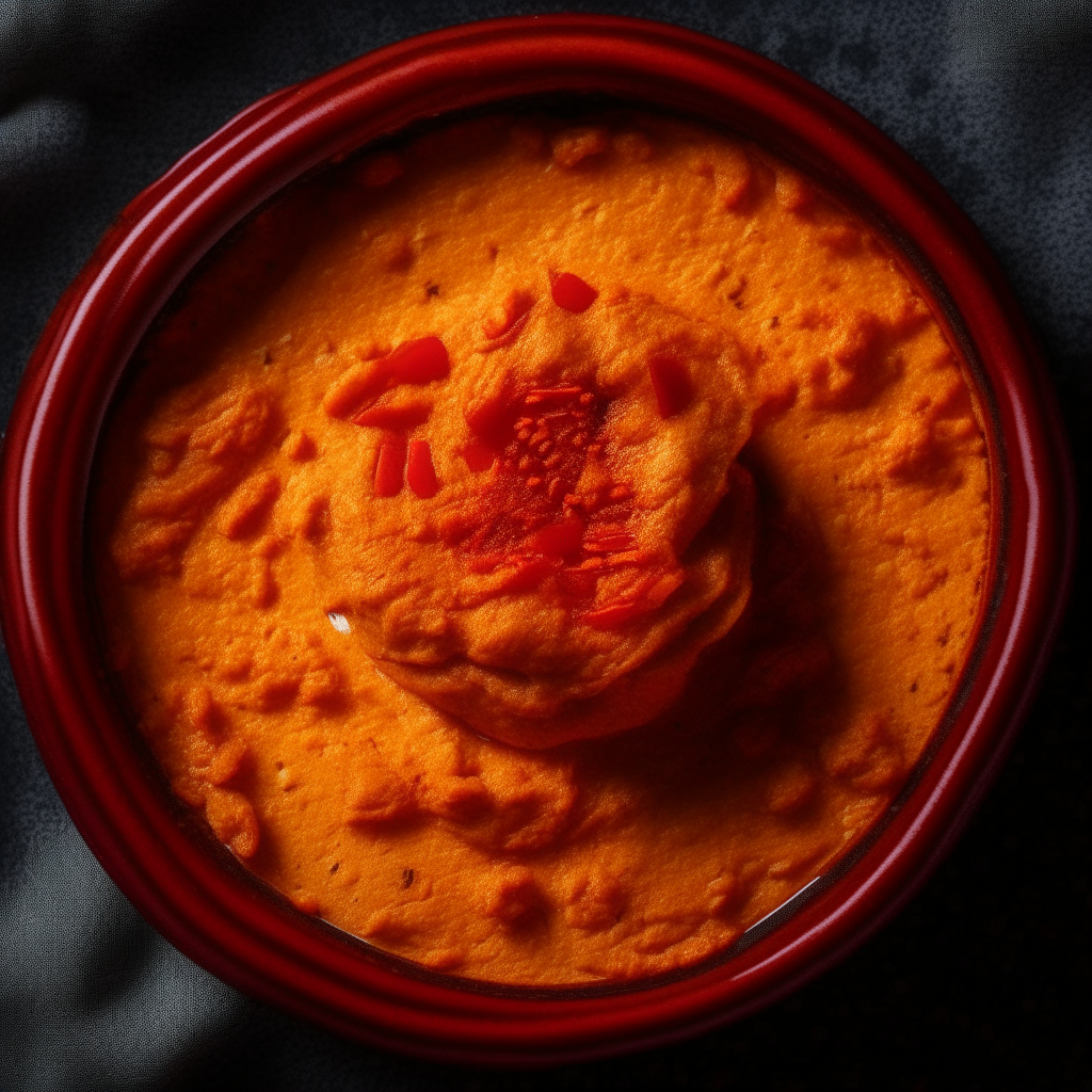 Roasted Red Pepper Hummus cooked in a slow cooker, extremely sharp focus, bright studio lighting, photographed from above