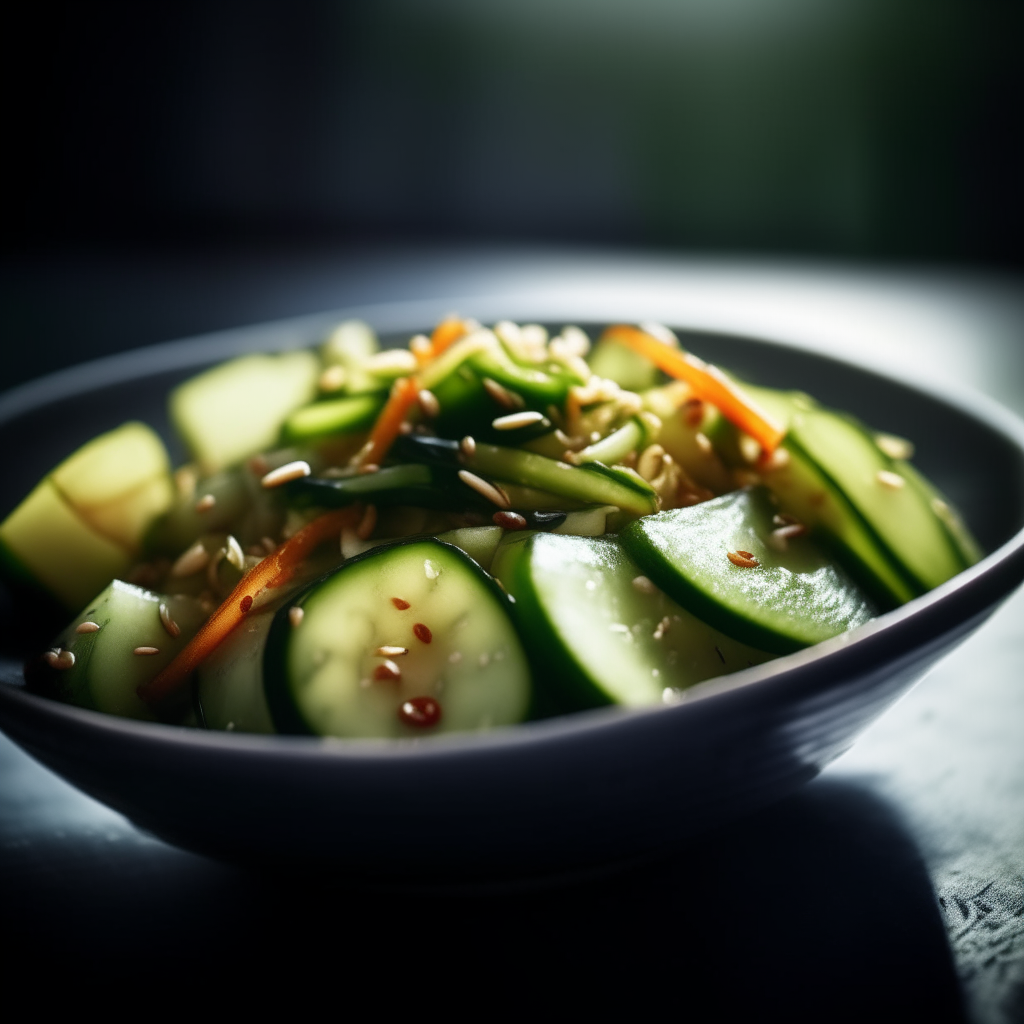 Sesame-Ginger Soy Cucumber Salad cooked in a slow cooker, extremely sharp focus, bright studio lighting, photographed at an angle