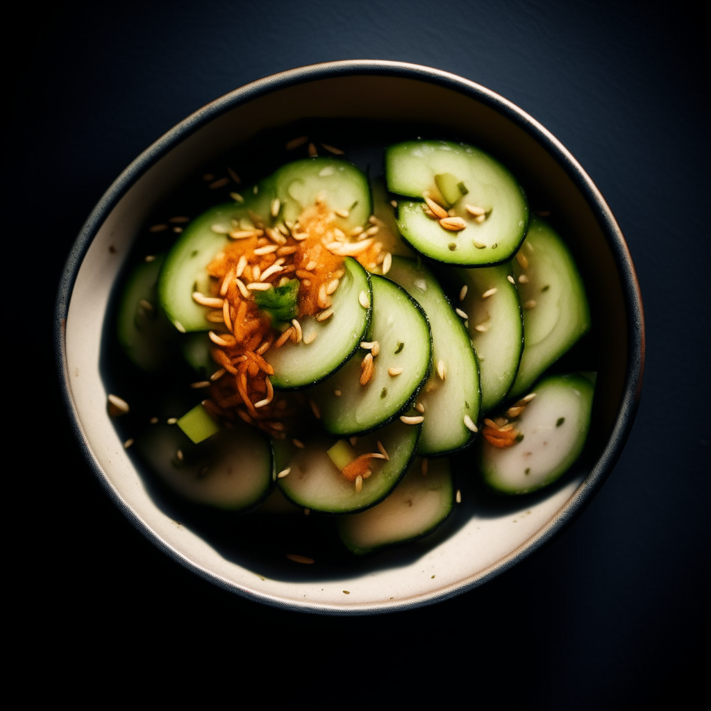 Bowl of Sesame-Ginger Soy Cucumber Salad cooked in a slow cooker, extremely sharp focus, bright studio lighting, photographed from above