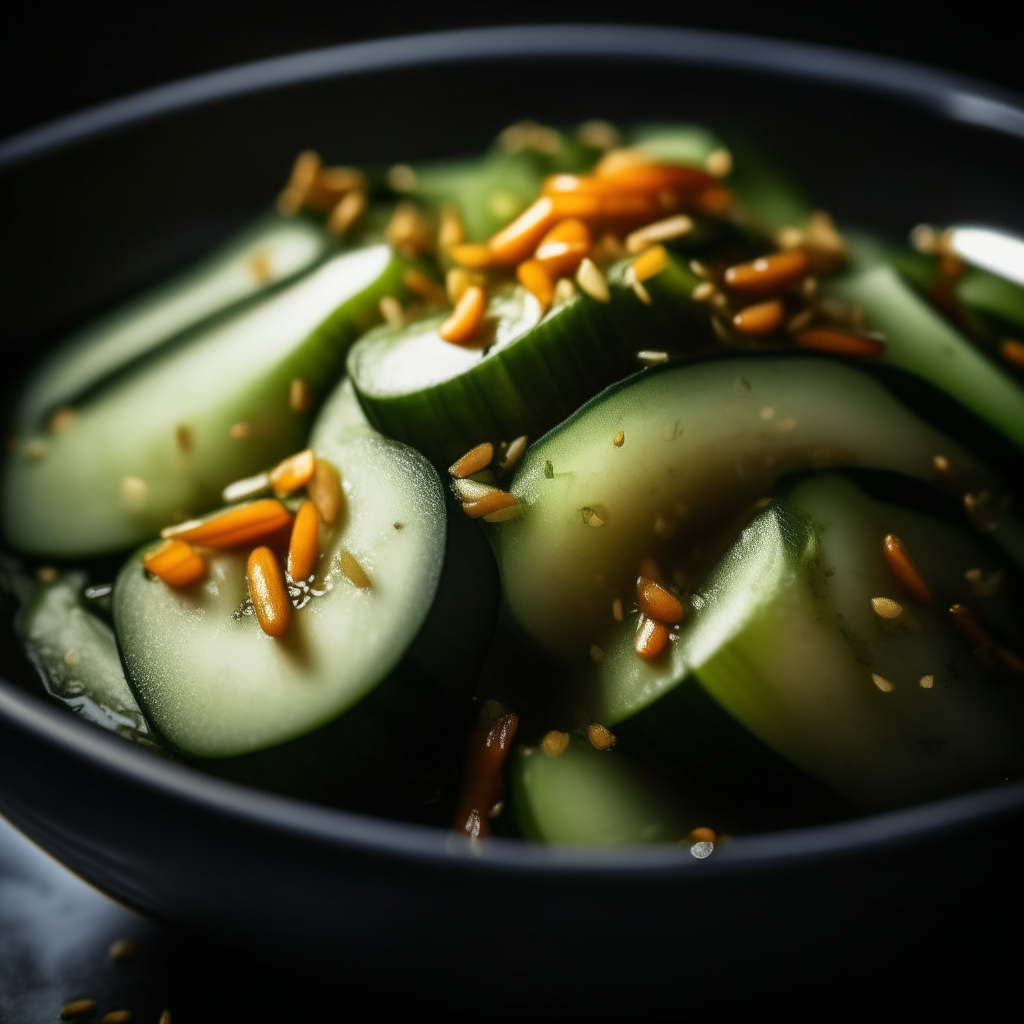 Sesame-Ginger Soy Cucumber Salad cooked in a slow cooker, filling the frame, extremely sharp focus, bright studio lighting