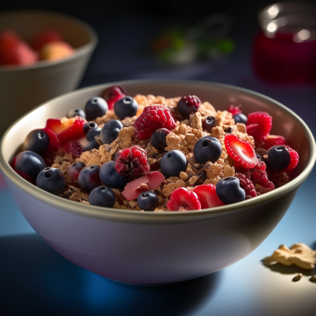 Bowl of Slow-Cooked Granola with Mixed Berries cooked in a slow cooker, extremely sharp focus, bright studio lighting, photographed at an angle