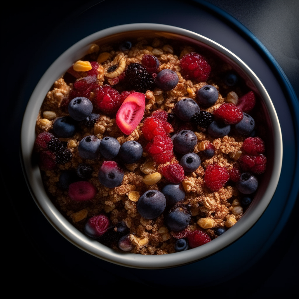 Slow-Cooked Granola with Mixed Berries cooked in a slow cooker, extremely sharp focus, bright studio lighting, photographed from above