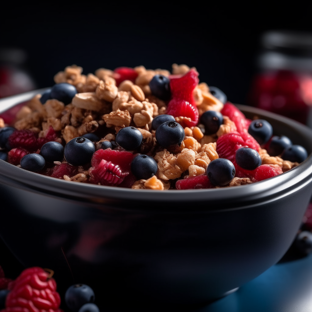 Slow-Cooked Granola with Mixed Berries cooked in a slow cooker, filling the frame, extremely sharp focus, bright studio lighting