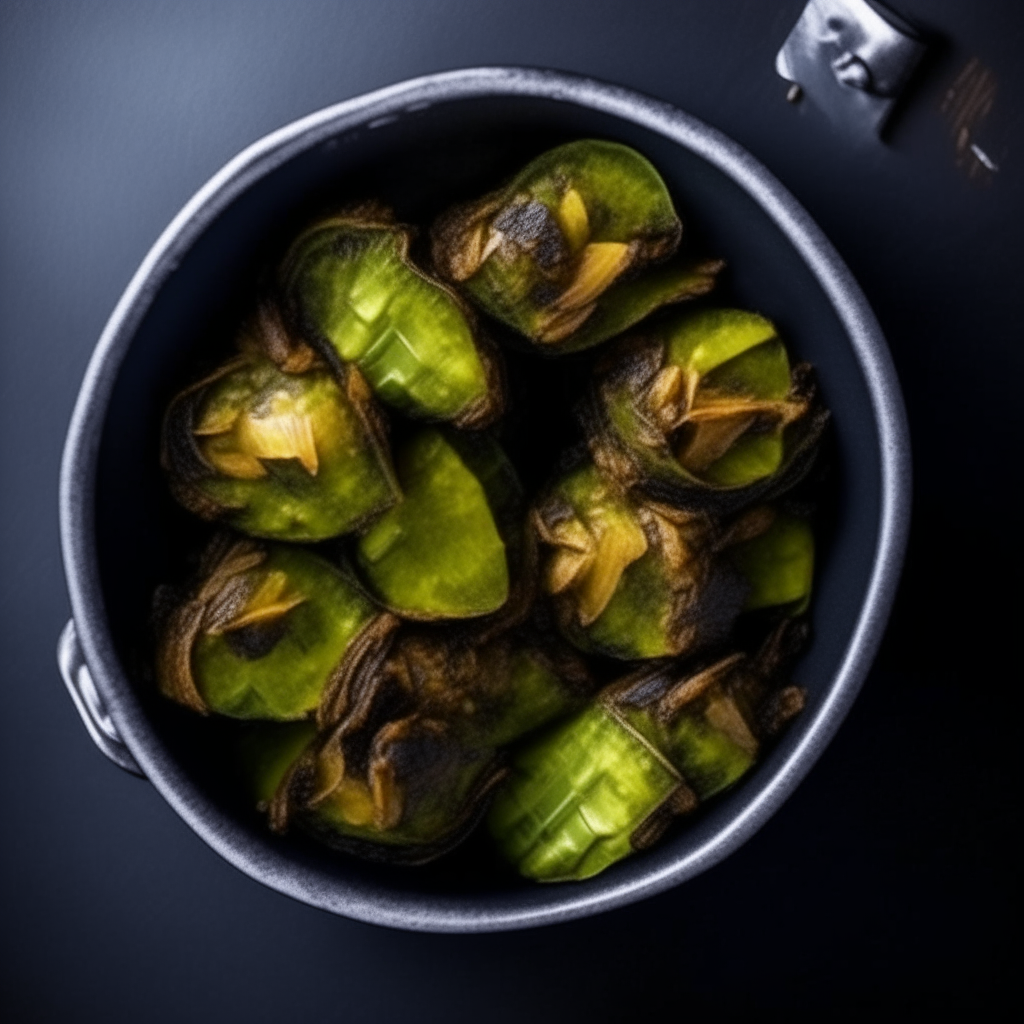 Bowl of Balsamic Glazed Brussels Sprout Chips cooked in a slow cooker, extremely sharp focus, bright studio lighting, photographed from above