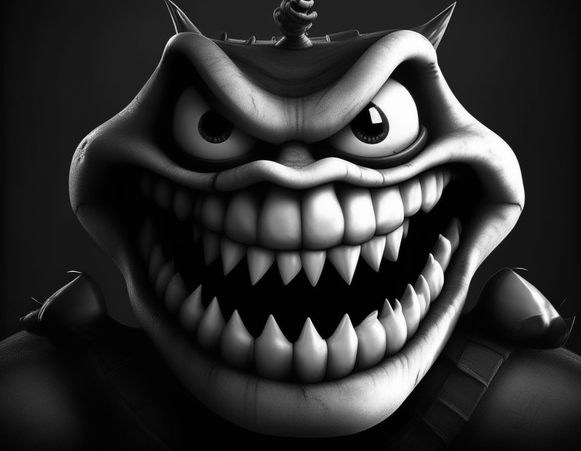 Villain supermario, black and white outfit, weird teeth, bad smile