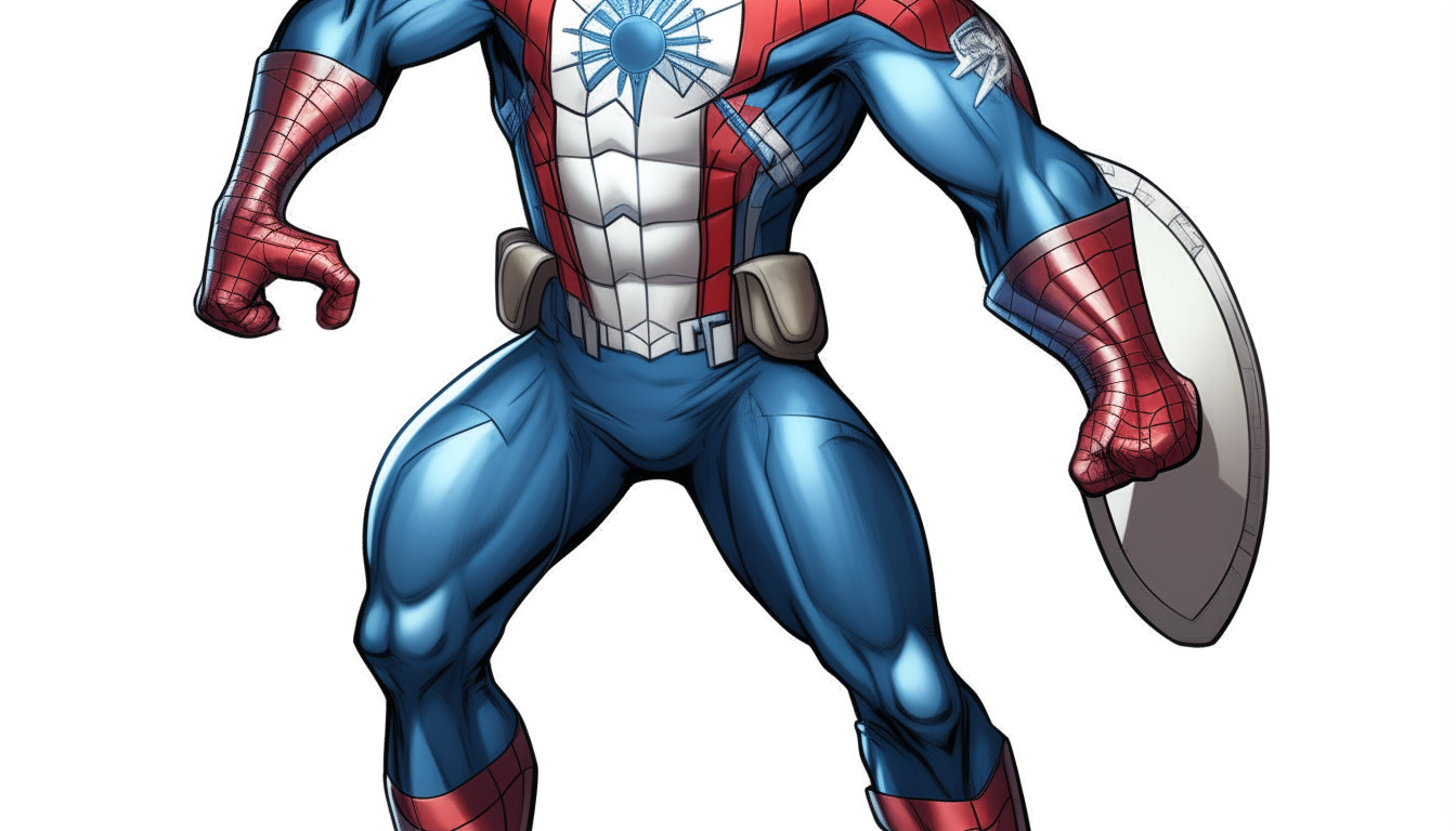 spiderman with a mixed costume of captain america and spiderman, blue and white, shield