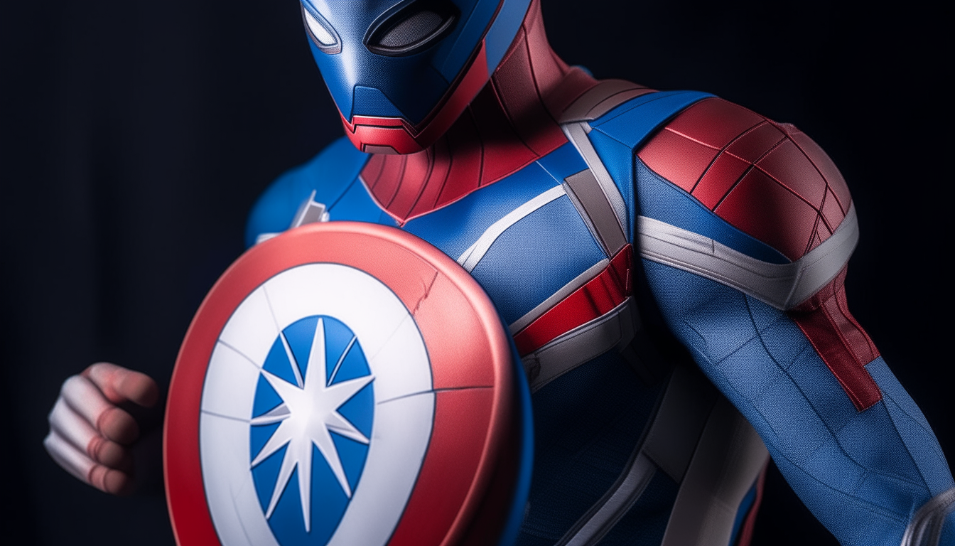 close up spiderman with a mixed costume of captain america and spiderman, blue and white, shield of captain america