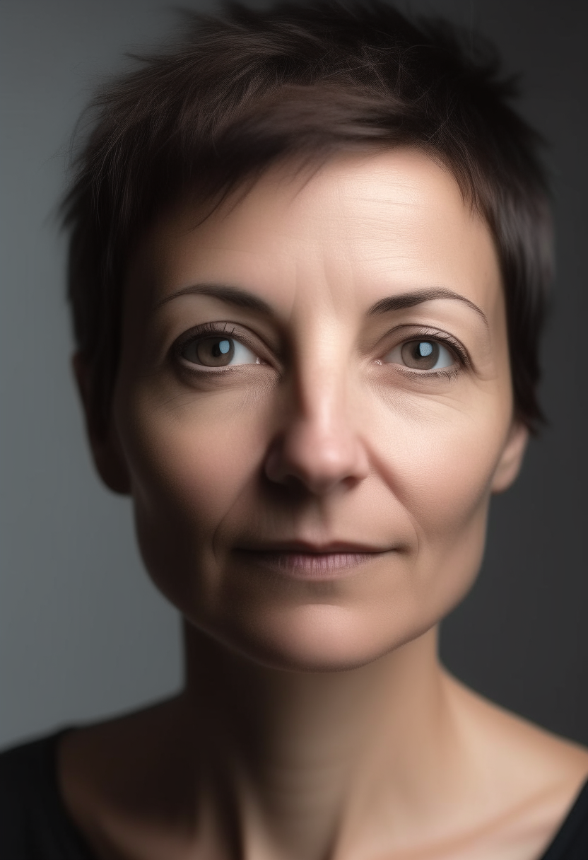 A beautiful woman of 30 years with no make up and short hair