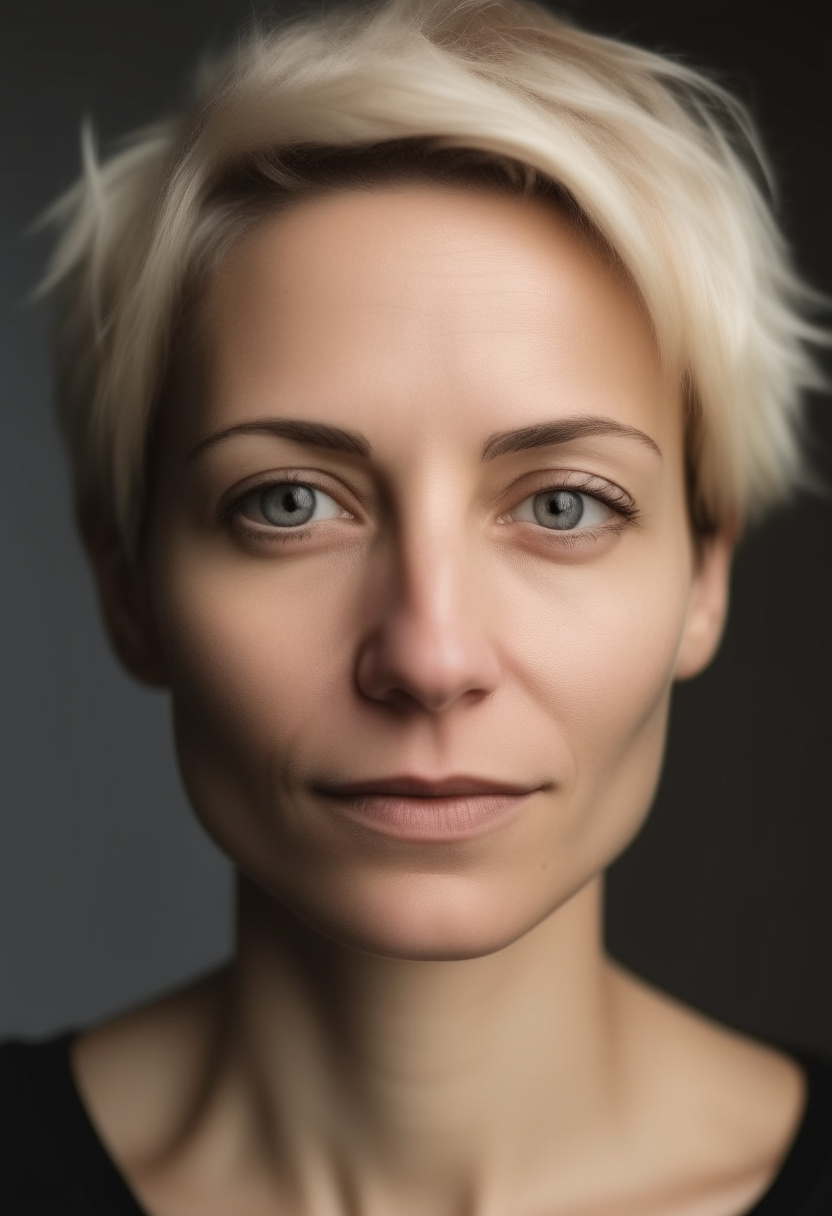 A beautiful blonde woman of 30 years with no make up and short hair