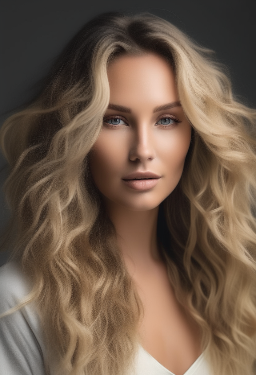 A beautiful blonde woman with long wavy hair looking at the camera 