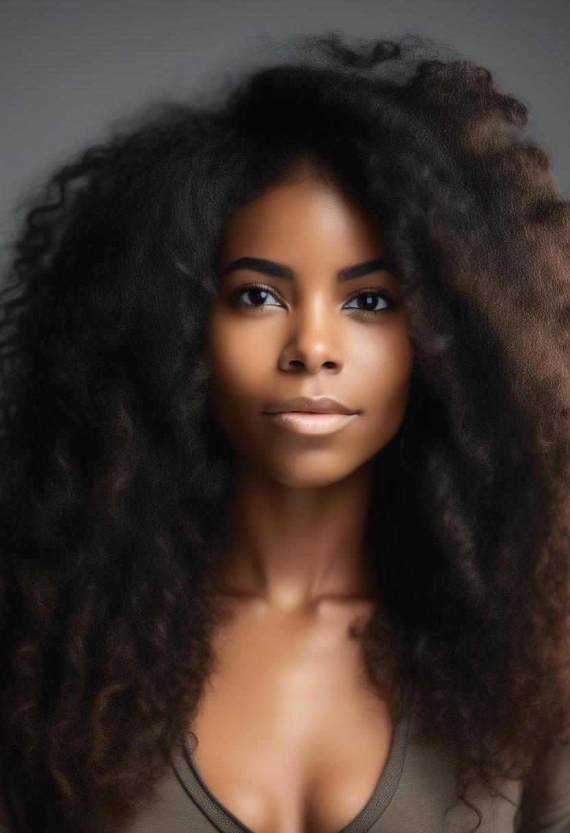 A beautiful black woman with long wavy hair looking at the camera 