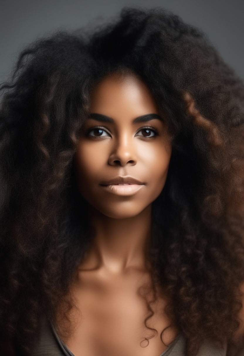 A beautiful black woman with long wavy hair looking at the camera 