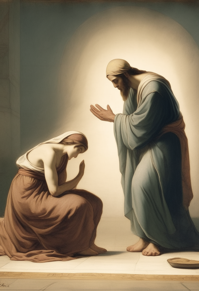 "Scene of a person kneeling in humility before God."