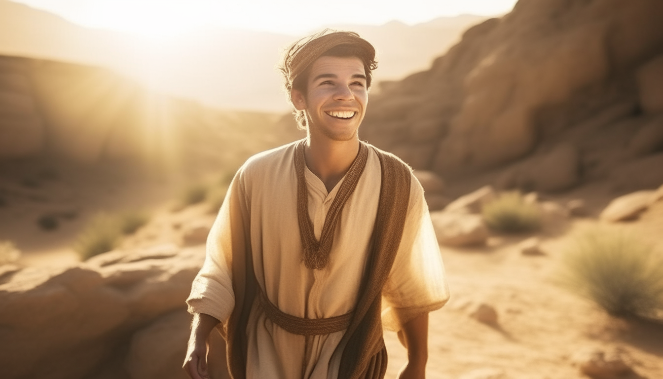 young man 24 years old laughing and walking  in a semi desertic area like Israel during biblical time period.