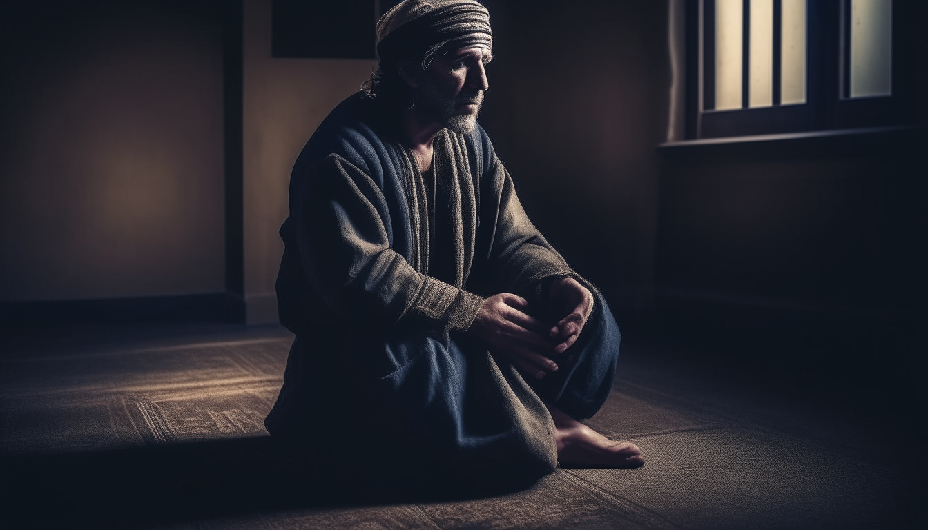 https://www.genmo.ai/g/cllwz5rng00020flkaer65yws  put in captivity in biblical time pereriod. He is sitting on the floor with his hands tie up.