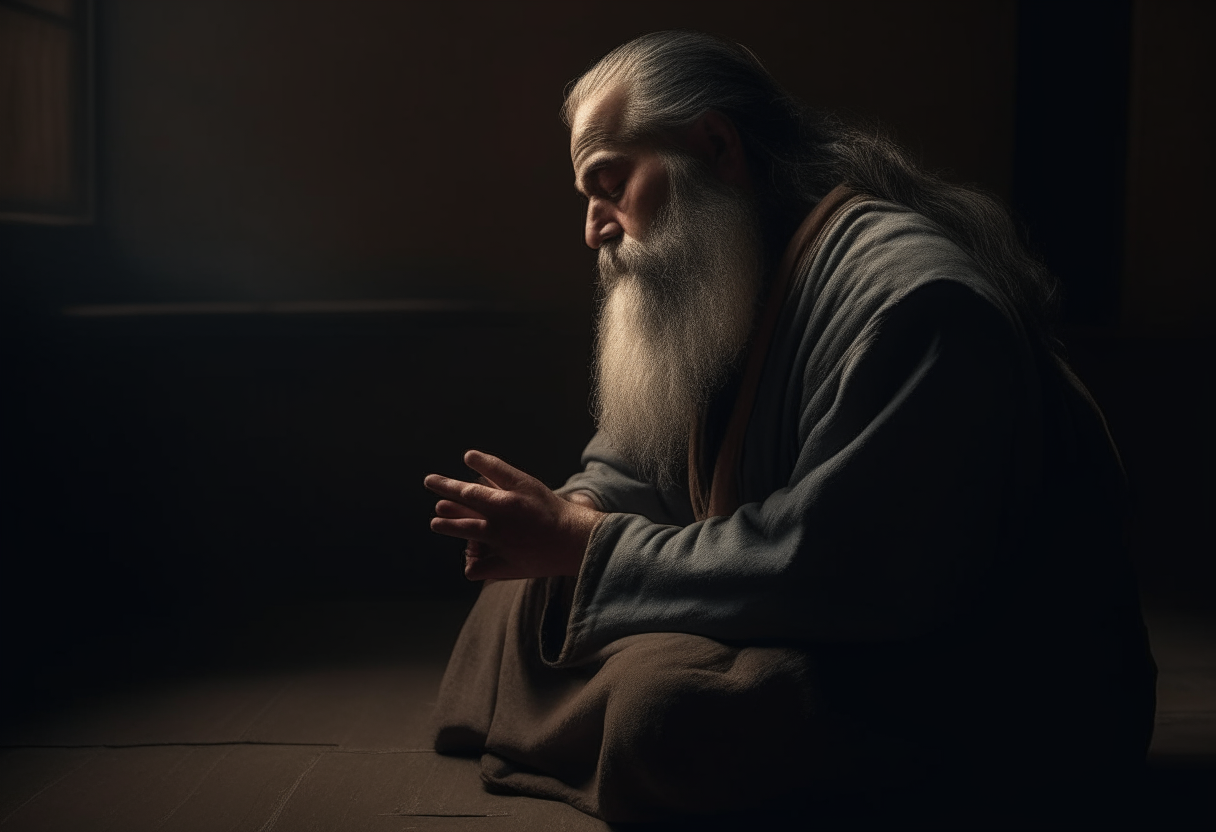 man 45 years old in biblical time period. He is praying in a closed room\