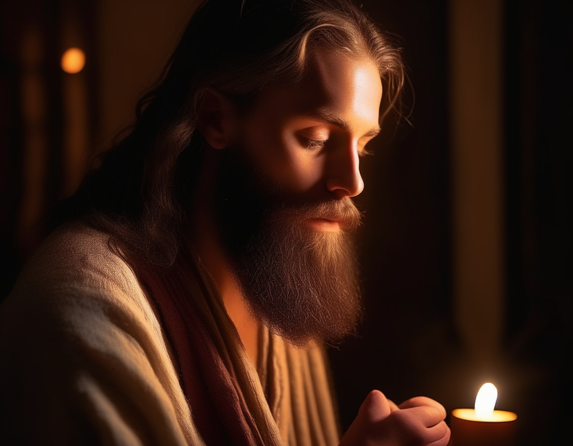 man 23 years old in biblical time period. He is praying in a closed room