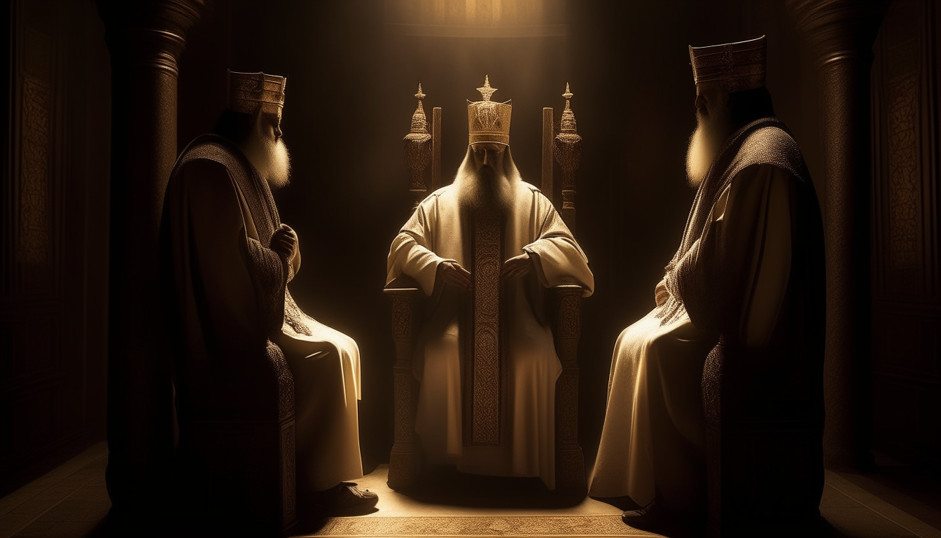 3 pharisian priest standing in front of their king who is sitting on the throne and talking to him in biblical time period.