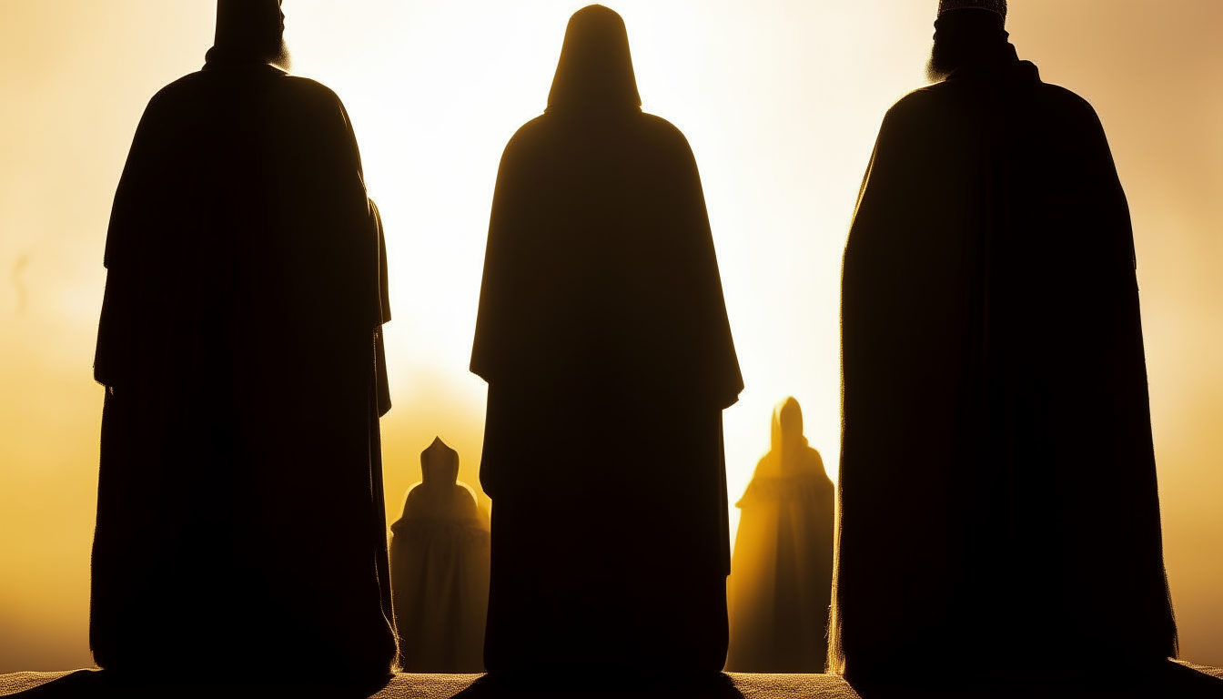 3 pharisian priests standing far away from the sitting king in biblica time period