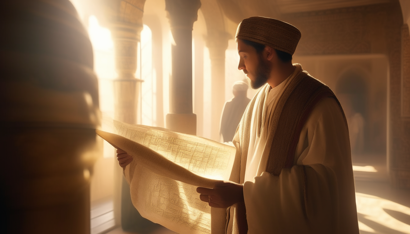a young 25 years old man reading a scroll in front of a crow  of people in babylon palace in biblical period time.