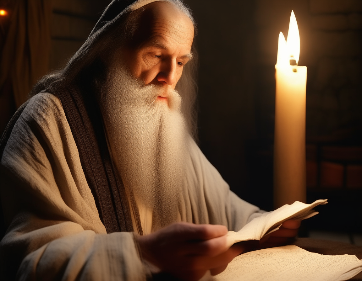 45 years old man in his house reading a scroll in biblical time period.