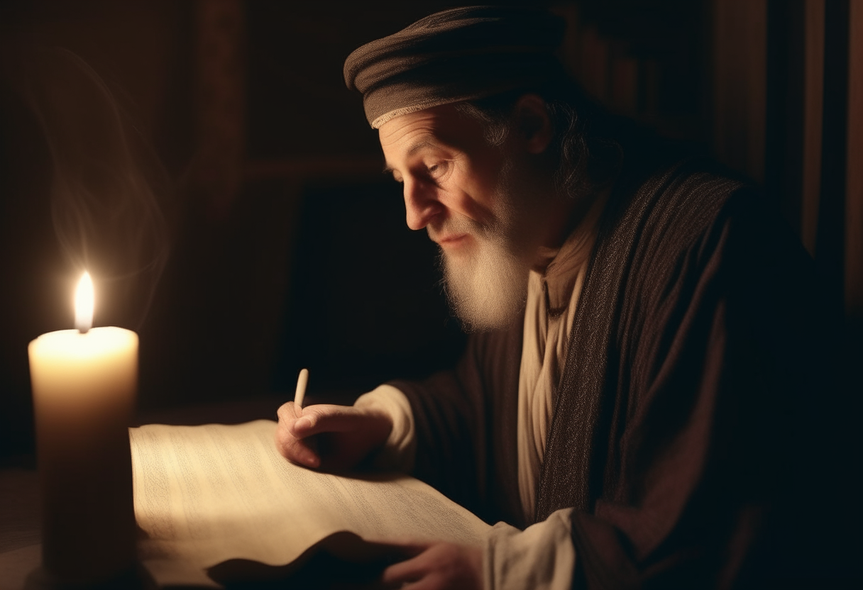 40 years old man reading a scroll in his house in biblical time period.