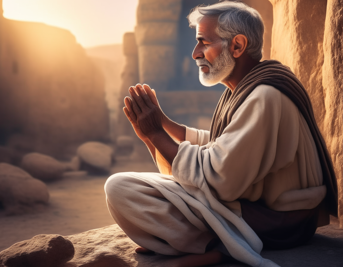 40 years old man on his knee and joining his hand to pray in biblical time period.