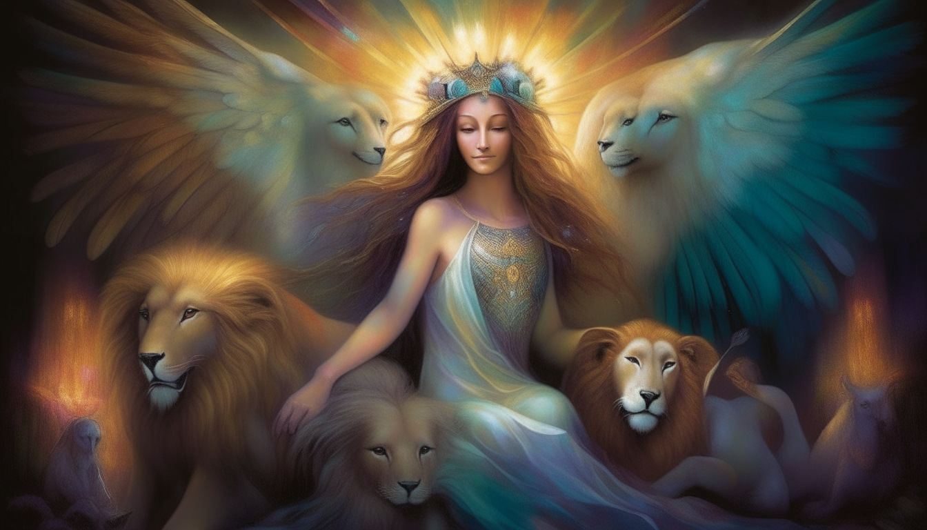 angel with flamboyant wings in a touching lions in a den to calm them