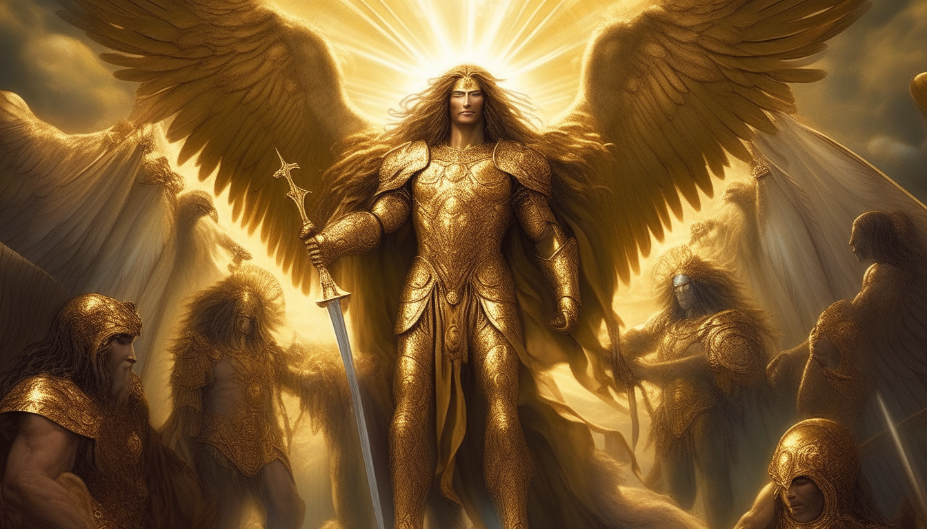 handsome warrior angel with his flamboyant wings in a lion den touching lions to calm them