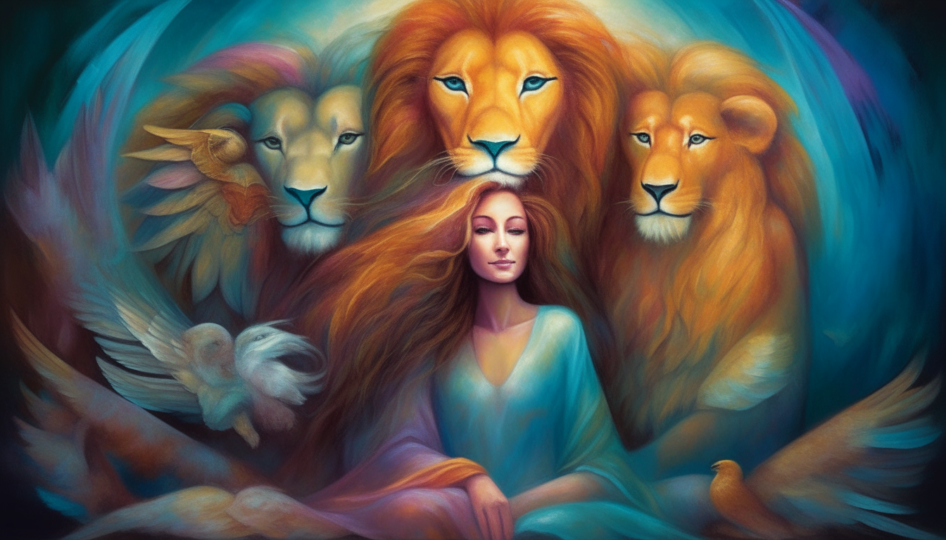 flamboyant angel in a lion den touching lions to calm them.
