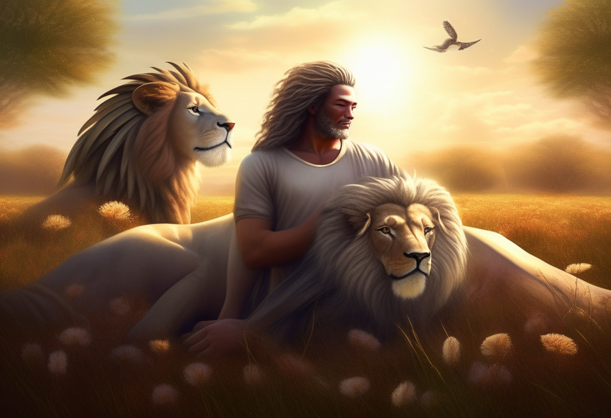 male angel with his flamboyant wings touching lions  to calm and play with them.